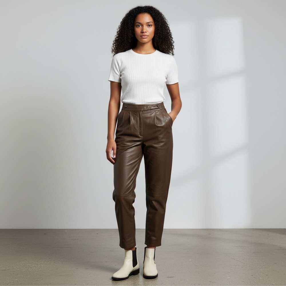 VINTAGE Gorgeous Women's Brown Pegged Leather Pants Raw Hem High Waisted Size S